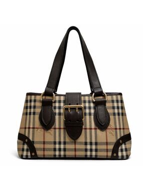 Burberry London Nova Check Tote Bag Brown Leather Plaid Shoulder Purse